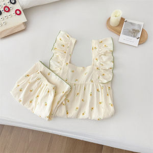 ชุดนอนสตรีฤดูร้อนแบบบูรณาการพร้อมกางเกงขาสั้นแผ่นหน้าอกและเสื้อผ้าบ้านลําลองผ้าฝ้ายถักสองชิ้นยอดนิยม