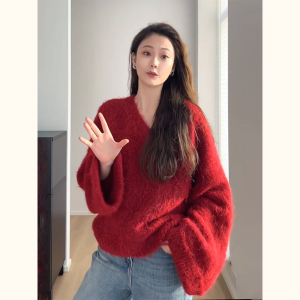 Christmas New Year Lazy Soft Red Knitted Cashmere Sweater Womens Style V-neck Korean Version Straight Cut Long Sleeve Woolen