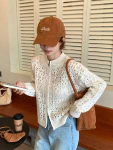 YUEZHONGWEI | White Hollow Out Double Zipper Knitted Short Coat Womens Early Autumn New Lazy Style Sweater Cardigan Top Commute Style Standard Version