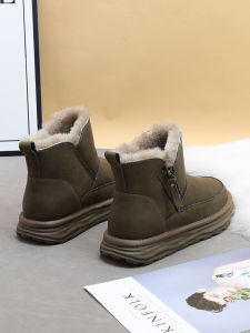 Mens Winter Thickened Warm Leather Snow Boots Side Zipper Fur Integrated Waterproof Cotton Shoes Casual Short Tube Boots