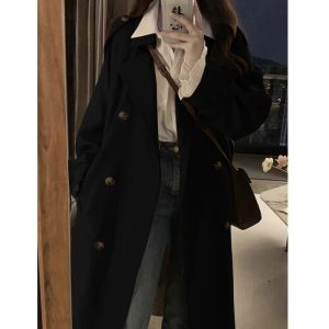 แจ็คเก็ตคาร์ดิแกนสไตล์เกาหลีสีกรมท่าสำหรับผู้หญิง แจ็คเก็ตยาวปานกลาง สไตล์วินเทจ สวมใส่สบาย แจ็คเก็ตผู้หญิงสีกรมท่า