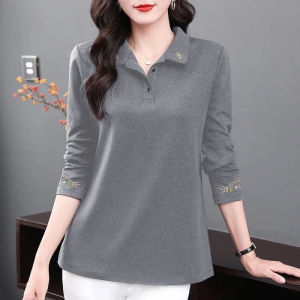 Áo Thun Polo Cổ Chữ V Thêu Cotton Nguyên Chất Dáng Rộng Đa Năng Cho Mẹ Béo Cỡ Lớn Mặc Ngoài Trời Mùa Thu