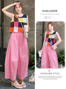 Shalldoer | Áo len dệt kim kẻ caro mùa hè cho nữ Quần dài thường ngày Bộ đồ hai mảnh Áo vest cổ tròn phong cách ngọt ngào