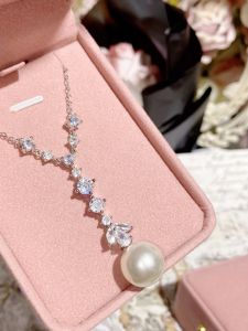 Vintage Elegant Long Tassel Design Rhinestone Pendant Diamond-Embedded Classy Matching Evening Dress Pearl Womens Necklace