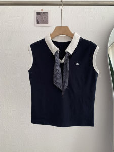 Oumale Korean Style Color Block Collar T-Shirt Sleeveless Top with Scarf Summer New Womens Fashion Straight Cotton Shirt