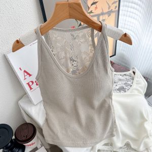 เสื้อกั๊กสายเดี่ยวคอวีลูกไม้เซ็กซี่สำหรับผู้หญิง ทรงเข้ารูป ใส่ได้ทั้งฤดูร้อนและฤดูใบไม้ร่วง ผ้าผสมคอตตอน ทรงเข้ารูป ทรงเข้ารูป