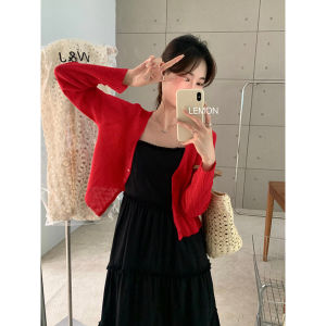 เสื้อคาร์ดิแกนไหมน้ำแข็งสีแดง ผ้าถักบาง เสื้อคลุมกันแดด ผ้าไหมน้ำแข็ง ฤดูร้อน กระโปรง เสื้อคลุมเครื่องปรับอากาศ สำหรับผู้หญิง