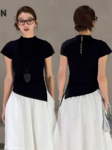 Shalldoer | Unique Black Short Sleeve Knitted Top For Women Casual Loose Fit Summer Fashion Design Unusual Style Beautiful Ladies Shirt