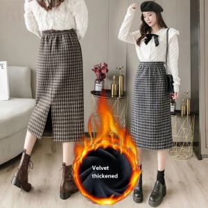 Woolen Houndstooth Design Skirt Women 2023 Fall and Winter Fleece-lined Thickened Overknee Mid-Length Straight-leg Slit Sheath Skirt