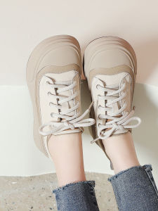 Casual Thick Bottom Leather Sneakers Womens Spring New Style Loose Bottom Leather Shoes Lace up round Toe Rubber Outsole