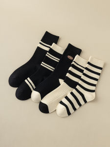 Womens Mid-Calf Striped Socks 5 Pairs Pure Cotton Breathable Anti-Odor Long High Waist Matching with Barbie Pants Trendy