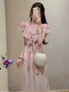 QFN | Tea Dress Summer Holiday Style Floral Lace V-Neck Fitted Long Dress