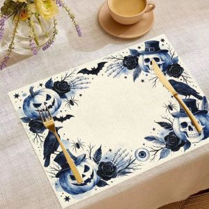 VIKAMA 2/4/6pcs Halloween Meal Mat Goblin Skeleton Raven Black Cat Pumpkin Rose Ghost Bat Table Mat Holiday Party Decoration