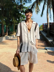 ZHUOCAN | Cuba Collar Hollow Knit Thin Ice Silk Shirt for Men Summer