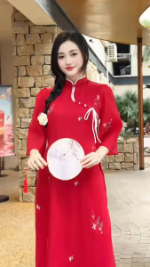 QC_ Set áo dài cách tân mặc Tết chất Tơ thêu hoa cổ tàu đính nơ cúc chéo kèm quần Latin