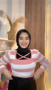 Atasan Rajut Salur Wanita Lengan Panjang - Atasan Stripe Wanita - Tshirt Salur Lengan Panjang