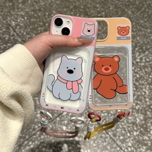MrHaHa Lanyard Wallet Card Holder Phone Case For iphone 16 promax iphone 15 promax iphone 15 plus 16 14 13 12 11 Pro Max 7Plus X Xr Xs Max Cartoon Cute Cat Puppy Bear With Lanyard 2024 New ins Style Phone Case Silicone Protective Cover