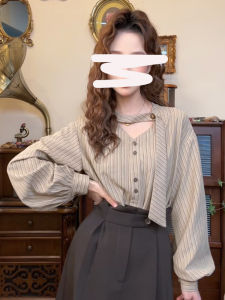 Retro Hong Kong Style Striped Shirt Womens Autumn Fashion Elegant Sash Luxury Feel Top V-neck Long Sleeve Casual Commute Wear