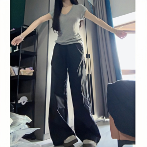 กางเกงขายาวทรงหลวมสีดำสำหรับผู้หญิงไซส์ใหญ่ กางเกงขายาวทรงหลวมเอวสูง ทรงหลวม ทรงเข้ารูป ทรงเข้ารูป สไตล์ทำงาน ทรงลำลอง