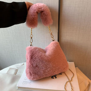 กระเป๋าถือทรงถังขนเฟอร์เทียมเรียบง่าย สายสะพายโซ่โลหะ สำหรับผู้หญิงใช้ในชีวิตประจำวัน กระเป๋าขนปุย