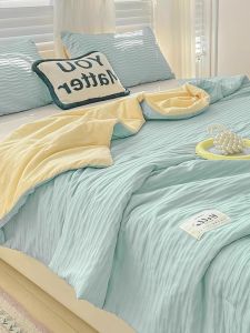 Korean Style Summer Quilt Pure Cotton Washed Bubble Cloth Skin-friendly Breathable Three-piece Set for Naked Sleep Comforter