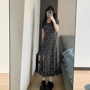 French Elegant Midi Length Square Collar Slit plus Size Womens Slimming Dress Summer Black Floral Skirt Short Sleeve Dress