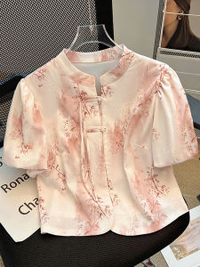 Big Sale Leak-Picking ~ New Chinese Style Chinese Style Plate Buckle Puff Sleeve Shirt Female Summer Ink Painting Tie-Dyed Short Western Style Tops