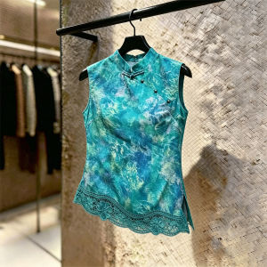SHUAIYUE | Áo nữ không tay màu xanh có cổ hoa ren thanh lịch và ôm dáng