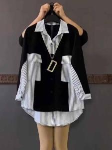 Loose-Fit Girls Wear Plus Size Womens Clothing Loose Slim Looking Mid Length Long Length Plus Size Ladies Stripes Shirt Blouse Flab Hiding Shirt