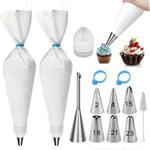 13-Piece Cake Decorating Set-7 Piping Tips 2 Reusable Cloth Waterproof Bags & Tools for Buttercream&Cream Puffs DIY Baking Tool