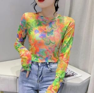 Print Mesh Colorful T Shirt for Women Long Sleeve 2024 Spring/summer Fitting Sunscreen Base Top