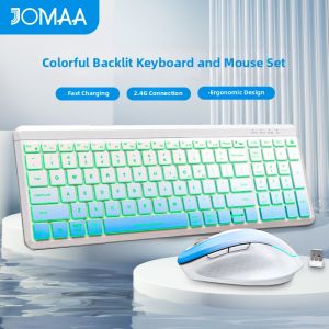 JOMAA | Rechargeable Wireless Bluetooth Quiet Backlit Ergonomic Computer External Keyboard Mouse Set