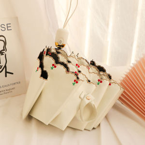 Automatic Three-Fold Umbrella Cherry Embroidery Black Glue Sunscreen UV Protection Womens Sunny Rain Dual Purpose Sunshade Umbrella