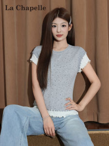 La Chapelle | Illusion Two-piece Shoulder T-Shirt Thin Summer Design Polka Dot Womens Top