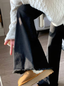 Black Weila Raw Hem Jeans Womens Spring & Fall New Arrival Fat Sister mm High Waist Elastic Slim Fit Pear Shapes Pants