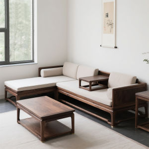 New Chinese Style L-Shaped Sofa Modern Simplicity Black Walnut Wood Solid Wood Fabric Hotel Office Living Room Couch