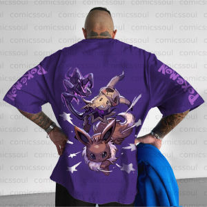 Bandai | 2026 Summer New Pokemon Cotton T Shirt Eevee And Evolutions Back Print Purple Color With Star Design Casual Loose Fit Men Women