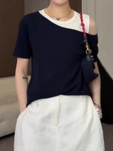 plus Size Color Block Shoulder Bared Short Sleeve T-Shirt Women Summer Design Belly Covering Slimming Top Korean Style Casual Wear