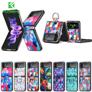FLOVEME Luxury PU Leather Phone Case For Samsung Galaxy Z Flip 4 5G Colorful With Ring Holder Portable Protective Back Cover For Galaxy Z Flip 4