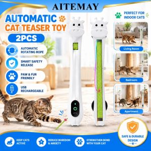 Aitemay 2pcs Smart Automatic Cat Toy With Moving Rope Wall Mounted Self Playing Teaser Wand Hands Free Pet Exercise Tool USB Powered Quiet Motor Rabbit Design For Apartment Living
