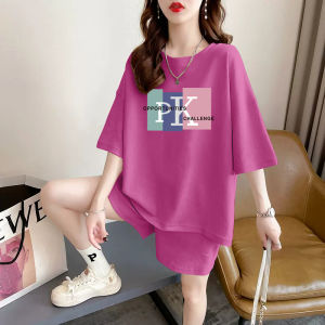 Pure Cotton Short Sleeve Womens Casual Sports Suit Loose Slim Looking Summer Plus Size Western Style All-Matching Shorts Two-piece Set