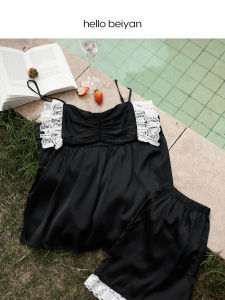 BEIYAN | Summer Thin Strap Shorts Home Wear Black Set