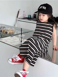 Girls Summer New Dress: Kids Korean Style Sleeveless Stripes Vest Skirt Girls Fashionable Plaid Skirt