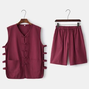 Mens Chinese Style Cotton Linen Vest Set Tang Costume Old Beijing Sweatshirt Retro Style Cotton Linen Jacket round Hem V Neck