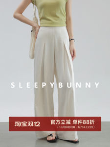 White Elastic Waist Casual Pants Women Summer Versatile Double Side Work Pleat Small Size Loose Thin Straight Leg Wide Leg Pants