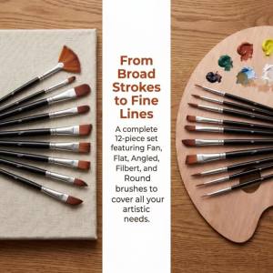 12Pcs Professional Wooden Paint Brushes with Wooden Palette Natural Wood Handle Art Brushes for Acrylic Watercolor Oil