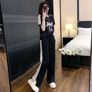 Small Tall Blazer Set Women Summer Slim fit Irregular Short sleeve T-shirt High Waist Wide Leg Pants Two-piece Set