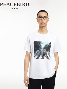 Peacebird Mens Short Sleeve T-Shirt Pure Cotton Autumn New Style B1CND3105 round Neck Print Youth Fashion Standard Fit