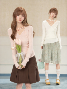 loveheynew | Áo Knit Ôm Dáng V-neck Nếp Ly Màu Hồng Ngọt