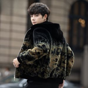 HENGYUANXIANG | Gold Mink Velvet Hooded Jacket Mens High-End Casual Gradient Color Fur Winter Clothes Zipper Closure Long Sleeve Thermal Outerwear